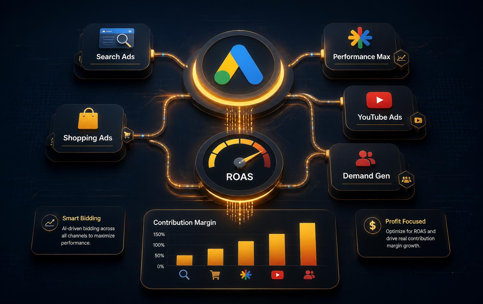 Google Ads growth engine diagram with Search Ads, Performance Max, YouTube Ads, Demand Gen and Shopping Ads feeding a central ROAS and contribution margin dashboard