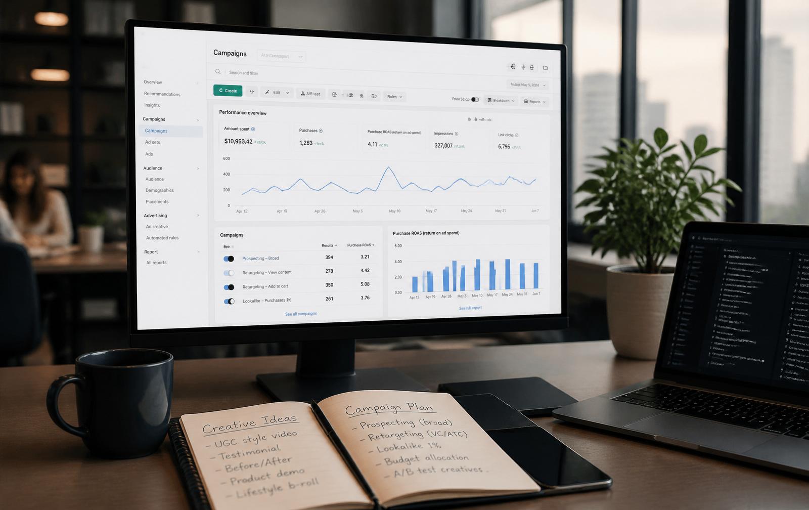 Meta Ads growth engine diagram with Facebook Ads, Instagram Reels, Stories, Advantage Plus Shopping and retargeting feeding a central CAC and contribution margin dashboard